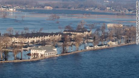 An aerial view of the flooding at the Camp Ashland, Nebraska. The levee to the north of the camp broke and water from the swollen Platte River poured thousands of gallons of water into the area. 