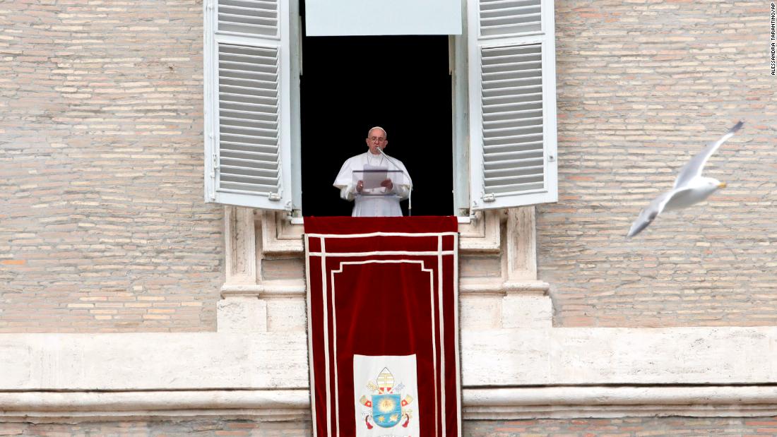 Pope Francis reads his message during the Angelus noon prayer from the window of his studio overlooking St. Peter&#39;s Square at the Vatican, Sunday, March 17. Francis has offered prayers for &quot;our Muslim brothers&quot; killed in the attack against two mosques in Christchurch, New Zealand.