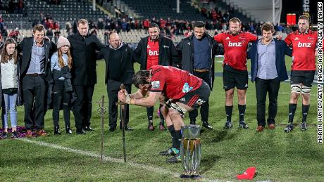 Crusaders' captain Sam Whitelock celebrates last year's Super Rugby final victory over the Lions.