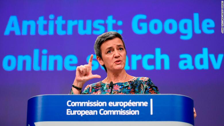 EU Competition Commissioner Margrethe Vestager announcing a third Google fine.