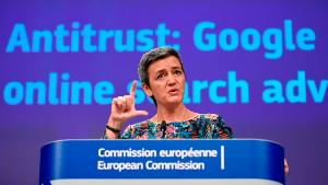 EU Commissioner of Competition Margrethe Vestager gives a joint press on Antitrust : Google online search advertising at the EU headquarters in Brussels on March 20, 2019. - The EU's powerful anti-trust regulator slapped tech giant Google with a new fine on March 20, 2019 over unfair competition, in Europe's latest salvo against Silicon Valley. (Photo by JOHN THYS / AFP)        (Photo credit should read JOHN THYS/AFP/Getty Images)