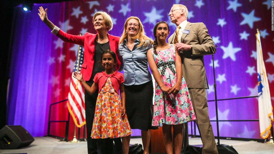 Warren stands with family members after giving a speech in Springfield, Massachusetts, in June 2012. Warren has several grandchildren.