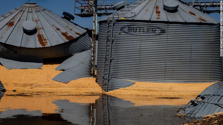 Grain silos destroyed by the flooding in Hamburg, Iowa, on Wednesday.