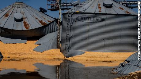 Grain silos destroyed by the flooding in Hamburg, Iowa, on Wednesday.