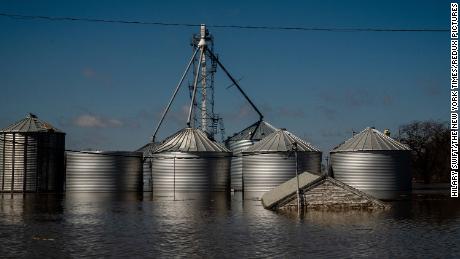 Grain silos destroyed by the flooding in Hamburg, Iowa, on Wednesday.