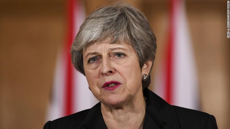 Theresa May, U.K. prime minister, makes a statement inside number 10 Downing Street in London, U.K., on Wednesday, March 20, 2019. May gambled her political future on a desperate bid to get her Brexit deal approved by Parliament, as the European Union drove Britain to the brink of an economically disastrous no-deal divorce. Photographer: Chris J. Ratcliffe/Bloomberg via Getty Images