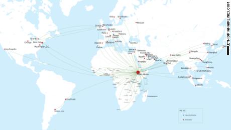 Ethiopian Airlines' flight network. <a href="https://www.ethiopianairlines.com/Cms_Data/Contents/EthiopianAirlines/Media/FlyEthiopian/Routenetwork/1920-x-1080-web-map-1218.jpg" target="blank">Expand this map.</a> 