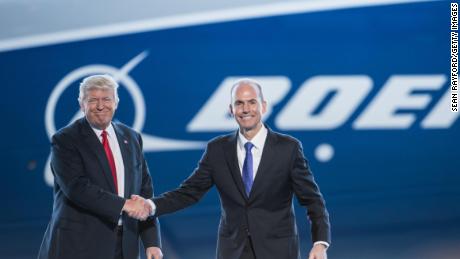 Boeing CEO Dennis Muilenburg shakes hands with President Donald Trump at the 787 kickoff event in 2017.