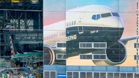 RENTON, WA - MARCH 11: The Boeing 737-8 is pictured on a mural on the side of the Boeing Renton Factory on March 11, 2019 in Renton, Washington. Two of the aerospace company&#39;s newest model airliners have crashed in less than six months. (Photo by Stephen Brashear/Getty Images)