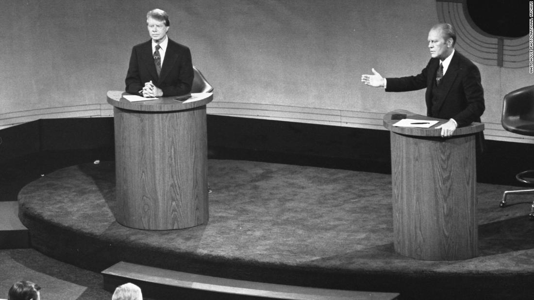 Carter and US President Gerald Ford debate domestic policy at the Walnut Street Theater in Philadelphia in September 1976. It was the first of three Ford-Carter presidential debates.