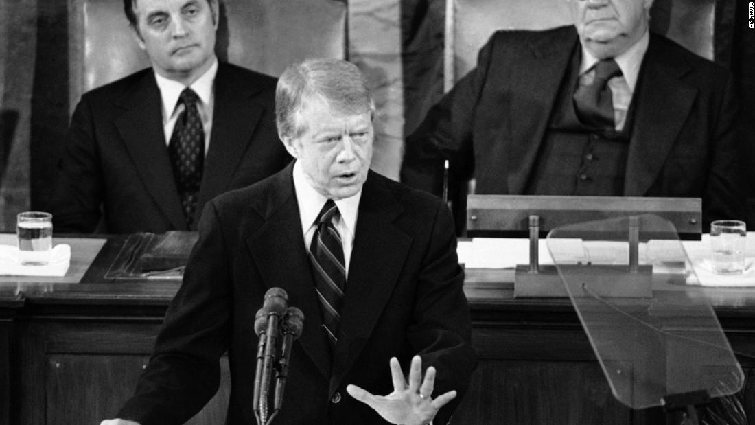 Carter delivers his State of the Union address to a joint session of Congress in January 1978. &quot;Government cannot solve our problems,&quot; he said. Anti-government sentiment at the time was brought on by economic pessimism along with the end of the Vietnam War and the unraveling of the Watergate saga.