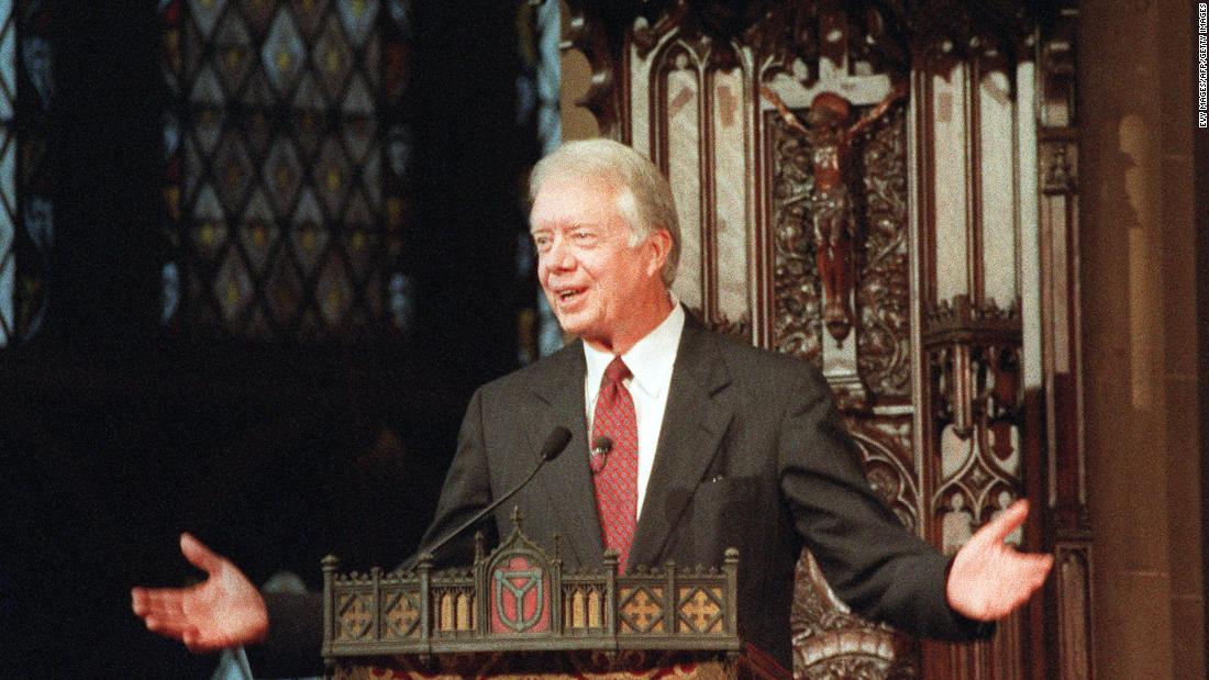 Carter addresses a United Nations interfaith service at New York&#39;s Trinity Church in September 1991. His speech was entitled &quot;The Present Role of the United Nations in a Changing World.&quot;