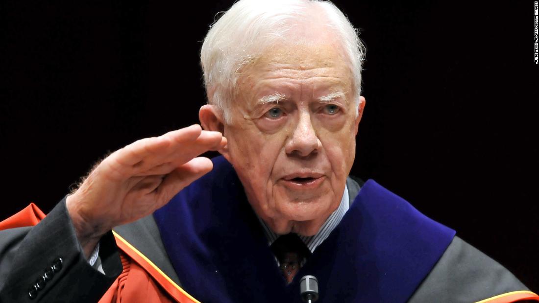 Carter delivers a speech in Seoul, South Korea, after receiving an honorary doctorate degree from Korea University in March 2010. During a four-day visit to South Korea, Carter urged direct talks with North Korea, saying a failure to negotiate nuclear disarmament might lead to a &quot;catastrophic&quot; war.