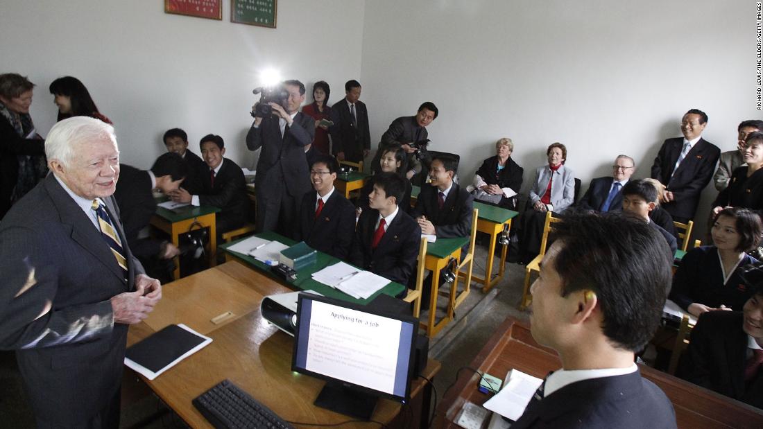 In April 2011, Carter addresses students at the Pyongyang University of Foreign Studies in Pyongyang, North Korea.