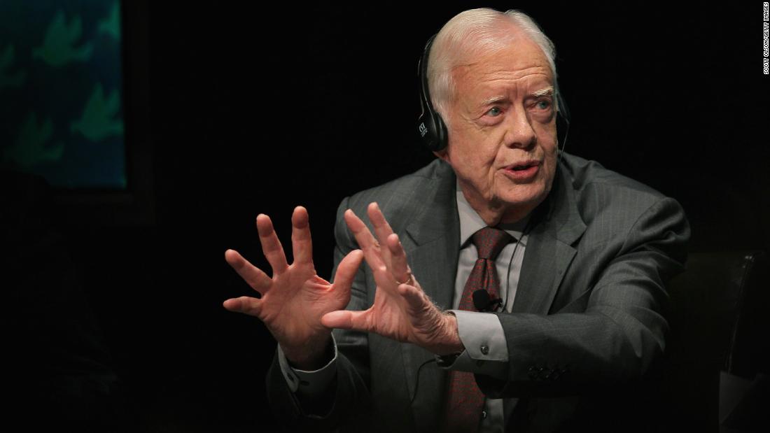 As part of the World Summit of Nobel Peace Laureates, Carter answers a question during a panel discussion at the University of Illinois in Chicago in April 2012.