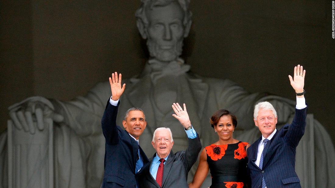 From left, President Obama, Carter, first lady Michelle Obama and Clinton wave from the steps of the Lincoln Memorial on August 28, 2013. It was the 50th anniversary of the March on Washington, which is best remembered for Martin Luther King Jr.&#39;s &quot;I Have a Dream&quot; speech.