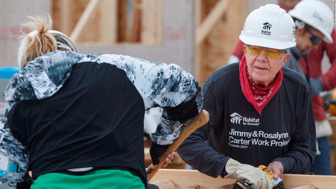 Carter helps build stairs for a home during a Habitat for Humanity project in Edmonton, Alberta, in July 2017. A couple days later, while working on another house in Canada, &lt;a href=&quot;http://www.cnn.com/2017/07/13/politics/jimmy-carter-dehydration-habitat-for-humanity/index.html&quot; target=&quot;_blank&quot;&gt;Carter became dehydrated&lt;/a&gt; and was taken to a hospital as a precaution.