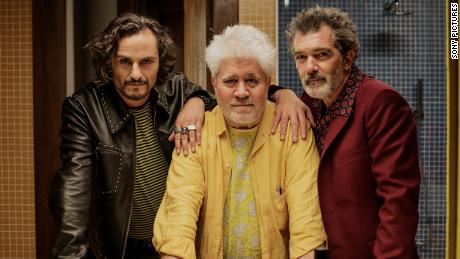 Asier Etxeandia, Pedro Almodovar and Antonio Banderas on the set of &quot;Pain and Glory.&quot;