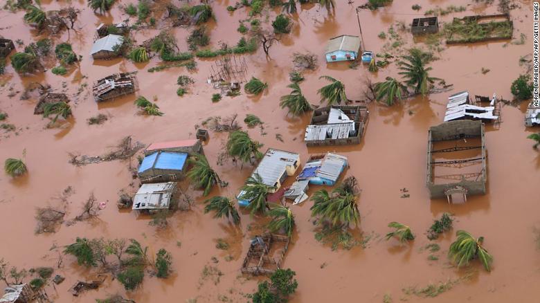 Houses in a flooded area of Buzi, central Mozambique, on March 20, 2019, after the passage of Cyclone Idai. 