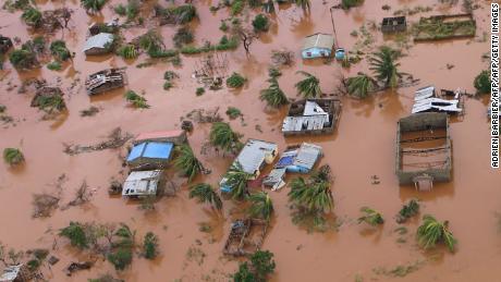 Houses in a flooded area of Buzi, central Mozambique, on March 20, 2019, after the passage of Cyclone Idai. 