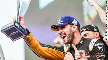 HAINAN, CHINA - MARCH 22: Jean-Eric Vergne (FRA), DS TECHEETAH, DS E-Tense FE19, celebrates on the podium during the Formula-E Race on March 22, 2019 in Hainan, China. (Photo by Alastair Staley/LAT Images via Getty Images)