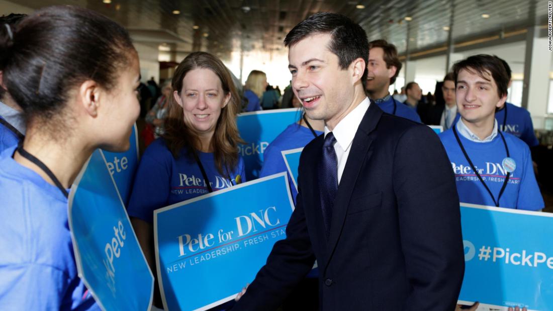 Buttigieg greets supporters during the DNC forum in February 2017. He was campaigning at the time to be the committee&#39;s chairman.