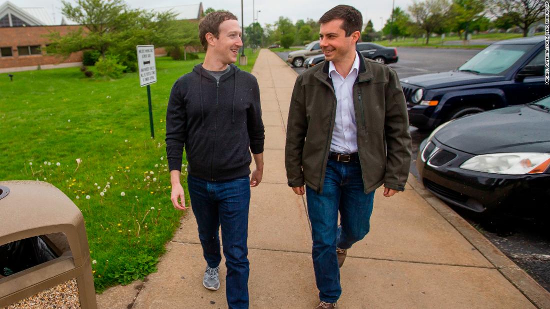 Buttigieg walks with Facebook CEO Mark Zuckerberg, a personal friend, who was &lt;a href=&quot;https://www.indystar.com/story/news/2017/05/01/why-facebook-ceo-mark-zuckerberg-hanging-out-south-bend-mayor-pete-buttigieg-and-elkhart-firefighters/101145566/&quot; target=&quot;_blank&quot;&gt;visiting South Bend&lt;/a&gt; in April 2017.