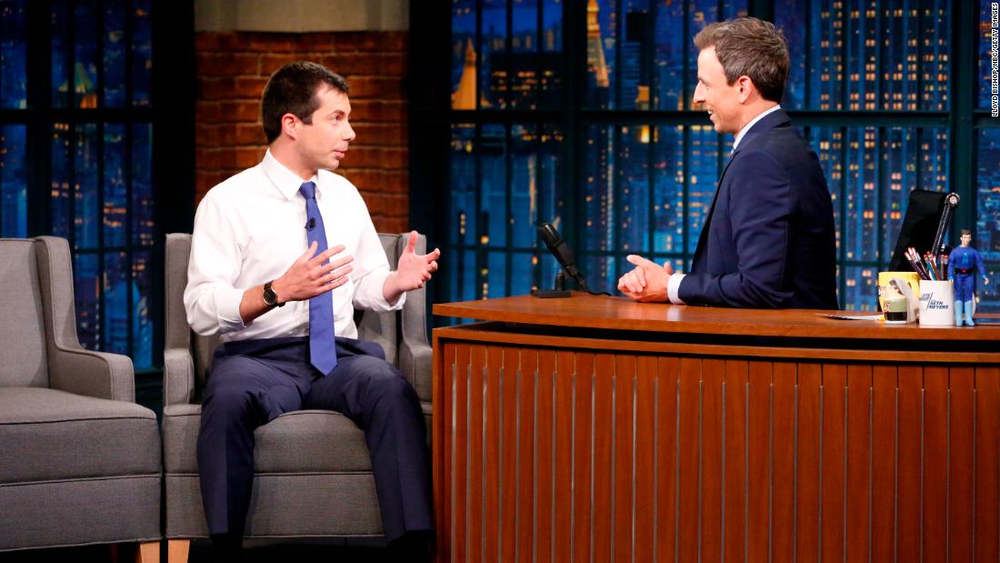 Buttigieg appears on &quot;Late Night with Seth Meyers&quot; in June 2017.