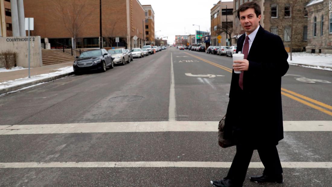 Buttigieg talks with a reporter in downtown South Bend in January 2019.