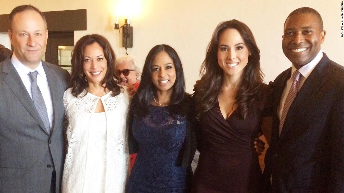 Harris is flanked by her husband, Douglas Emhoff, and her sister, Maya. Next to Maya Harris is Maya&#39;s daughter, Meena, and Maya&#39;s husband, Tony West.