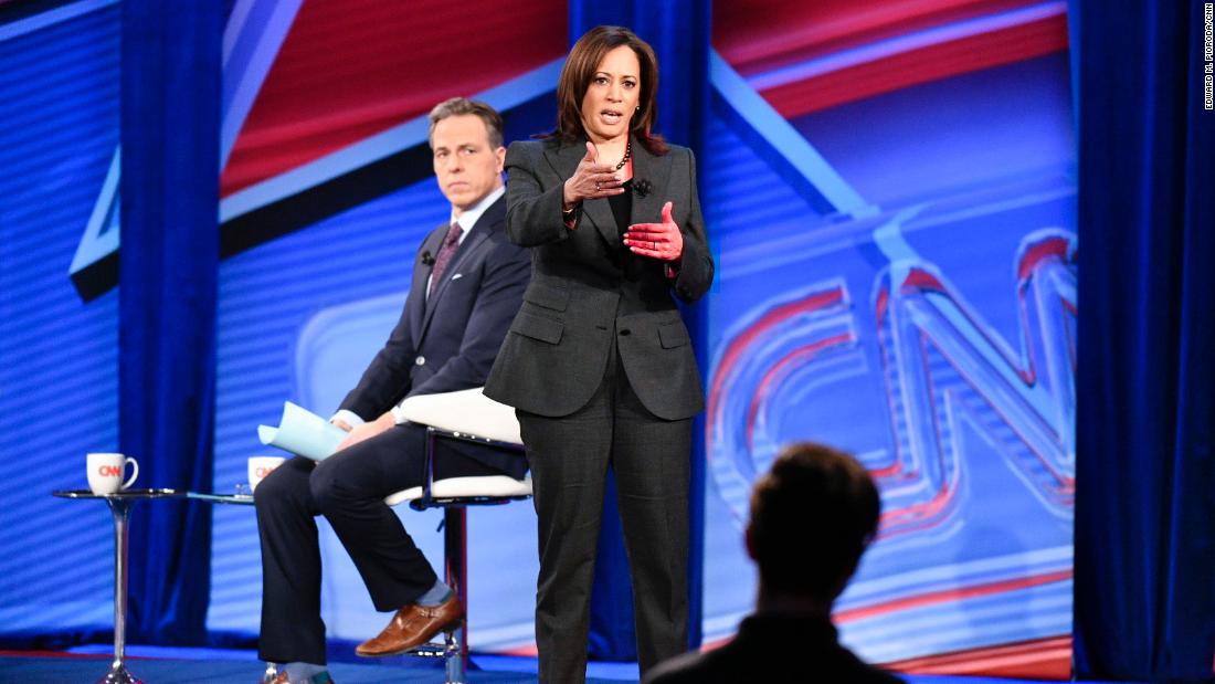 Harris speaks during her CNN town-hall event, which was moderated by Jake Tapper in Iowa in January 2019.