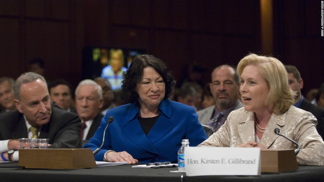 Gillibrand and Schumer introduce Supreme Court nominee Sonia Sotomayor during Sotomayor&#39;s confirmation hearings in 2009. Sotomayor is from the Bronx in New York City.