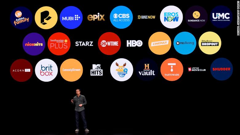 Peter Stern, vice president of Services at Apple Inc., speaks during a company product launch event at the Steve Jobs Theater at Apple Park on March 25, 2019.