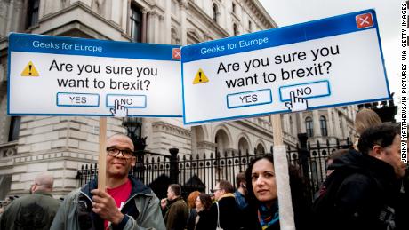 Put It To The People march for a Peoples Vote on 23rd March 2019 in London, United Kingdom. With less than one week until the UK is supposed to be leaving the European Union, the final result still hangs in the balance and protesters gathered in their tens of thousands to make political leaders take notice and to give the British public a vote on the final Brexit deal. Geeks for Europe placards ask &#39;Are you sure you want to Brexit&#39; (photo by Jenny Matthews/In Pictures via Getty Images)