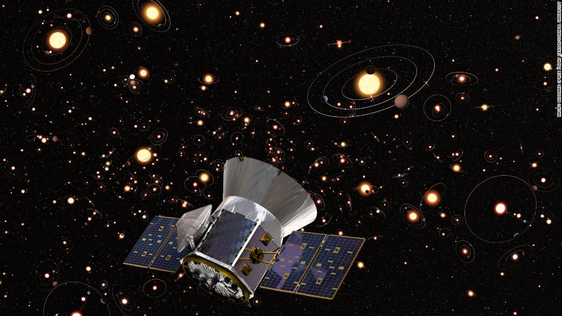 Artist&#39;s concept of TESS against background of stars &amp;amp; orbiting planets in the Milky Way. Credit: ESA, M. Kornmesser (ESO), Aaron E. Lepsch (ADNET Systems Inc.), Britt Griswold (Maslow Media Group), NASA&#39;s Goddard Space Flight Center &amp;amp; Cornell University