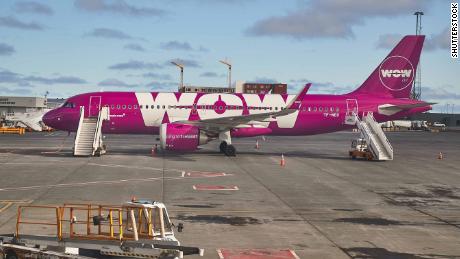 KEFLAVIK ICELAND - APRIL 28, 2018: Wow Air Airbus A320 at Iceland&#39;s international airport. WOW Air started to offer connecting flight between North America and Europe with a stop in Iceland