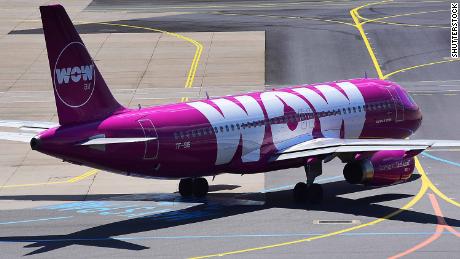 A Wow Air flight on the tarmac in Frankfurt.