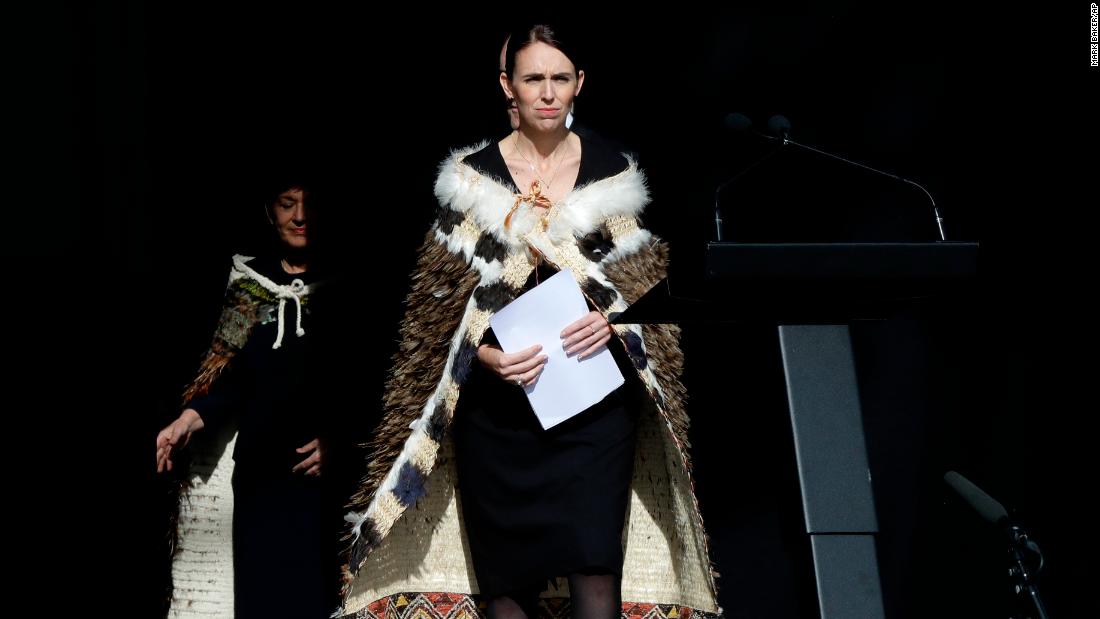 New Zealand Prime Minister Jacinda Ardern walks onto the stage to address a national remembrance service in Hagley Park for the victims of the March 15 mosque terrorist attack in Christchurch, New Zealand, Friday, March 29, 2019. (AP Photo/Mark Baker)