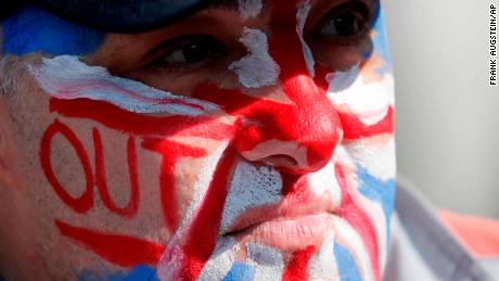 A Brexit supporter wears the Union Jack colors on his face at Parliament Square in Westminster, London, Friday, March 29, 2019. Pro-Brexit demonstrators were gathering in central London on the day that Britain was originally scheduled to leave the European Union. British lawmakers will vote Friday on what Prime Minister Theresa May&#39;s government described as the &quot;last chance to vote for Brexit.&quot; (AP Photo/ Frank Augstein)