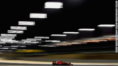 Sebastian Vettel drives his Ferrari en route to winning of the 2018 Bahrain Grand Prix.