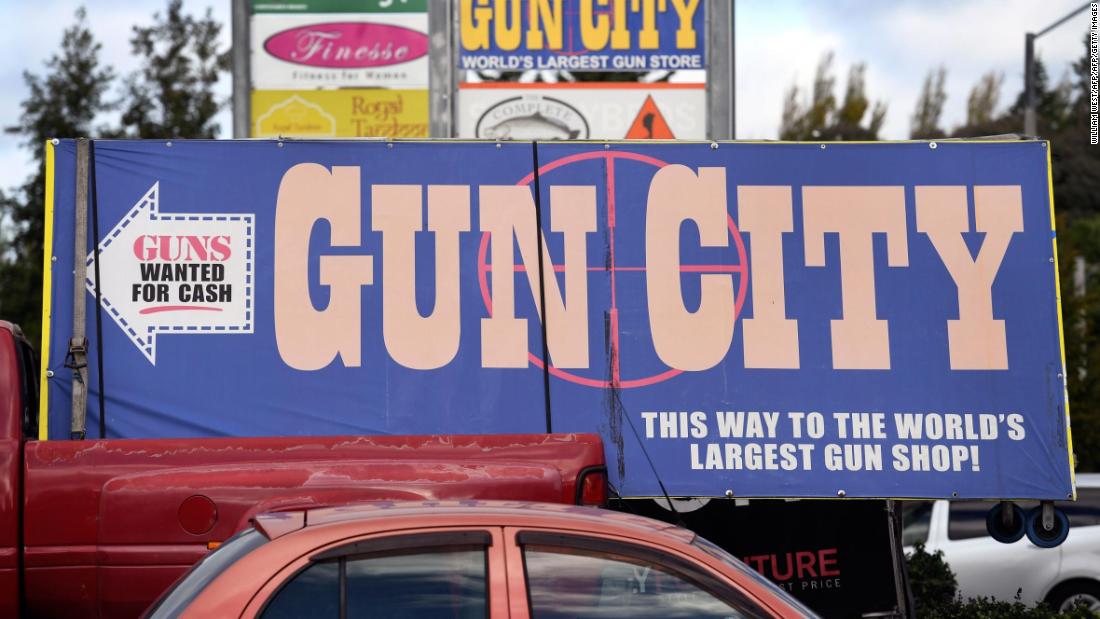 Signs point towards a gun shop in Christchurch March 21, 2019, claiming to be the world&#39;s largest gun shop. 