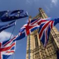 TOPSHOT - Union and EU fags flutter outside the Houses of Parliament in Westminster, London on March 28, 2019. - Faced with losing all control over the Brexit process, British Prime Minister Theresa May looks to have played her final card by announcing she will step down if MPs approve her Brexit deal. (Photo by Niklas HALLE&#39;N / AFP)        (Photo credit should read NIKLAS HALLE&#39;N/AFP/Getty Images)