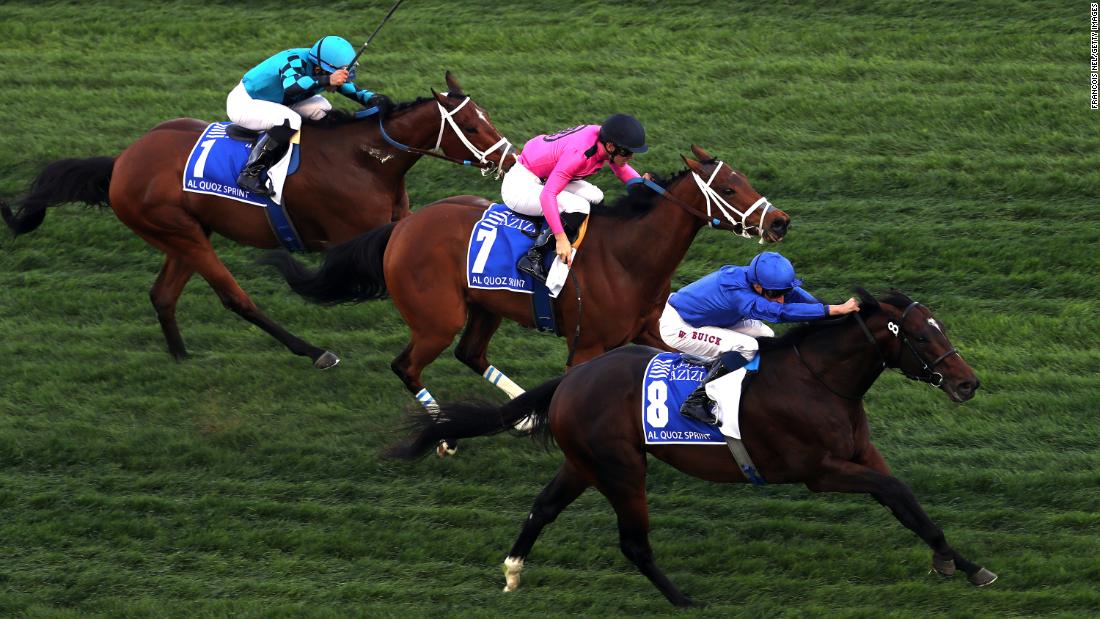 William Buick riding Blue Point wins the Al Quoz Sprint during the Dubai World Cup at Meydan Racecourse on March 30 in Dubai.