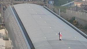 Alleged picture of protester above the tracks at St Pancras in London, accused of halting Eurostar