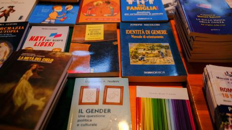 Books on gender identity and the &quot;natural family&quot; are seen at a trade stall inside the WCF Verona. 