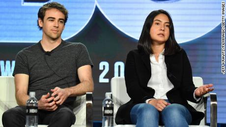 Tyler Shultz and Erika Cheung speak onstage during a promotional panel for the HBO film &quot;The Inventor: Out for Blood in Silicon Valley.&quot; 