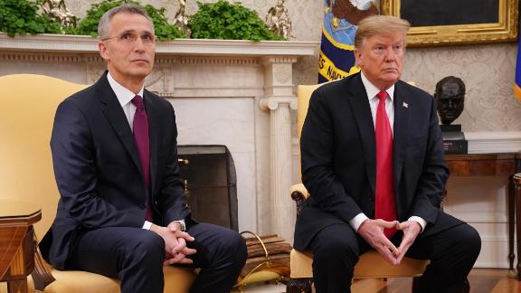 U.S. President Donald Trump and NATO Secretary General Jens Stoltenberg (L) talk to reporters in the Oval Office at the White House April 02, 2019 in Washington, DC.