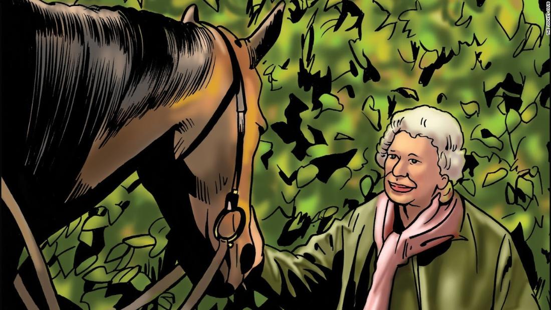 British monarch Queen Elizabeth II, an avid horsewoman and racehorse owner, also makes an appearance in the comic book. Here she is with her Gold Cup-winning horse, Estimate. The original painting of the Queen was commissioned by The Jockey Club, and can be found in The Jockey Club Rooms in Newmarket, England.