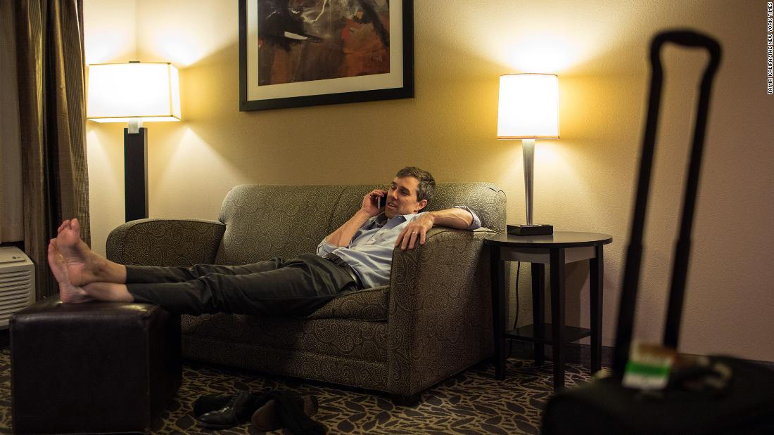 O&#39;Rourke talks to his wife from a hotel room in Bay City, Texas, in February 2018.