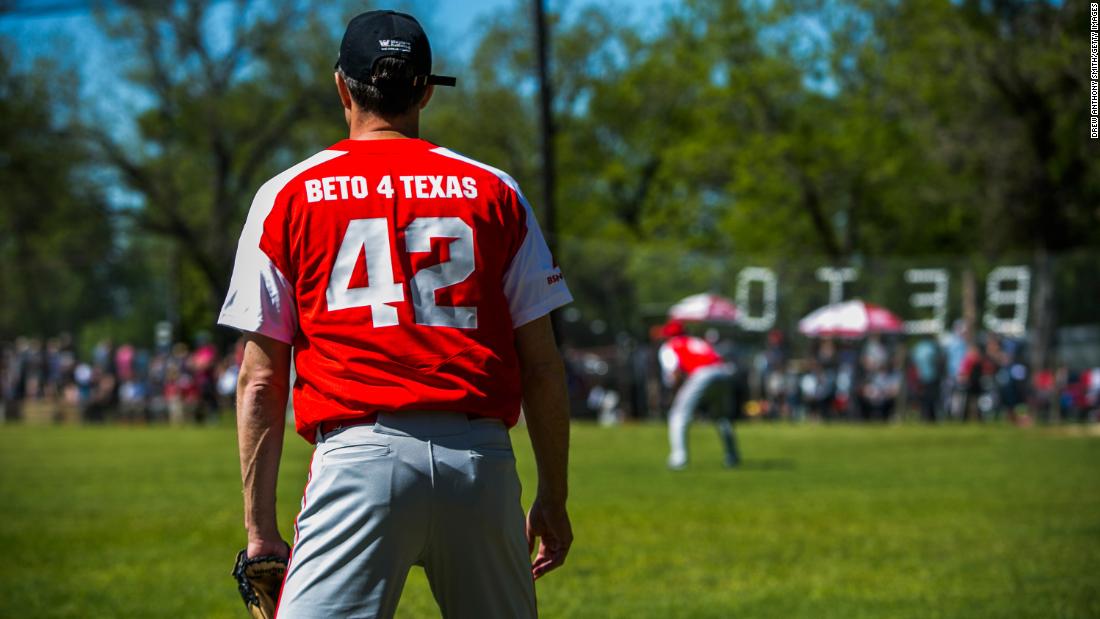 O&#39;Rourke plays in a fundraiser baseball game in April 2018.